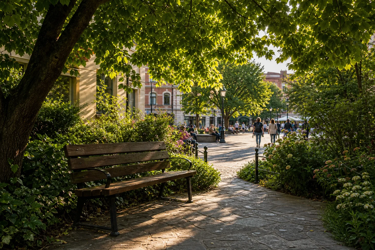 Wooden bench beneath large green tree in shaded garden area by a sunlit city square with people walking