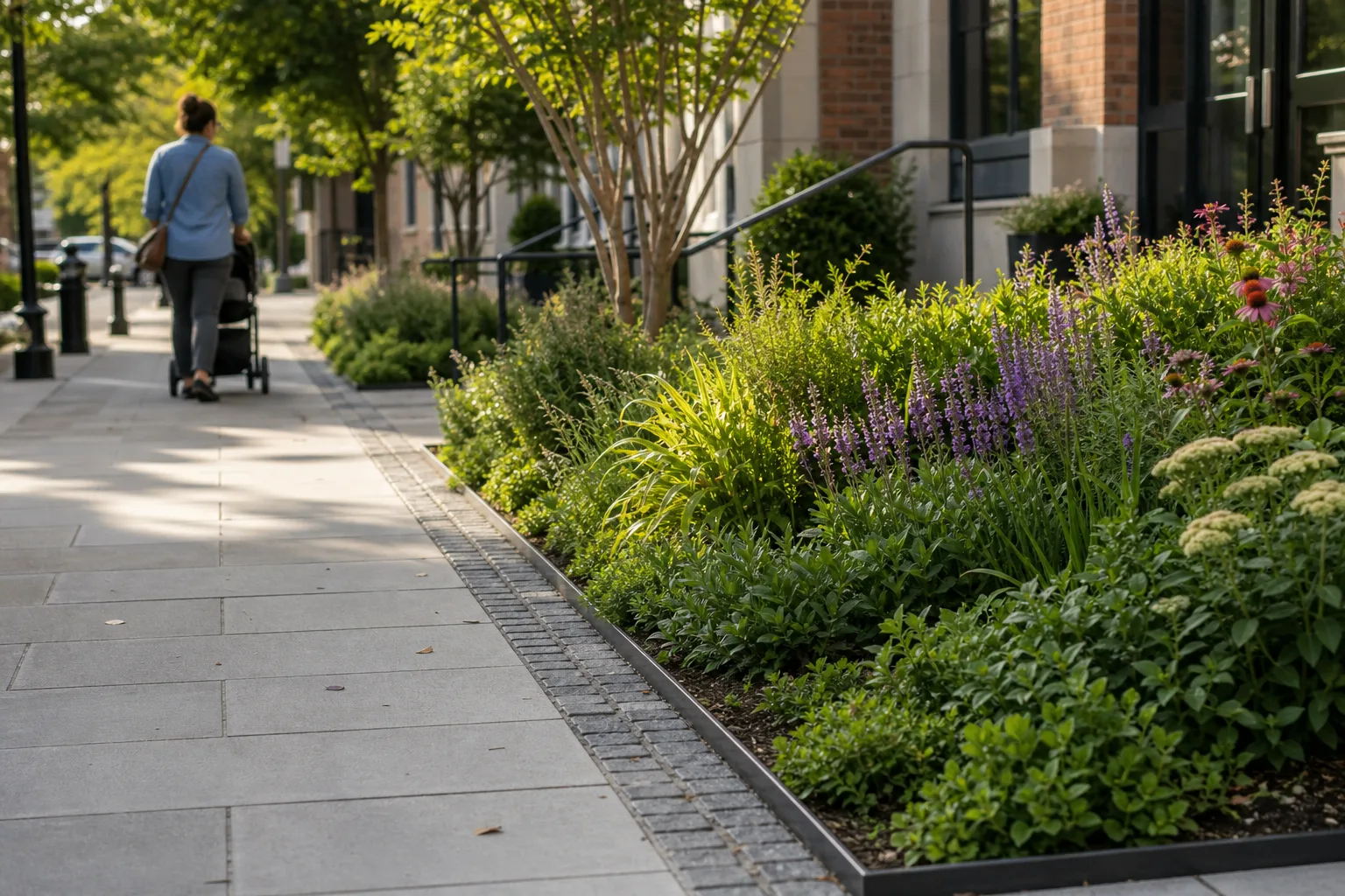 Sunlit urban sidewalk with lush green planting bed and purple flowers alongside a brick building