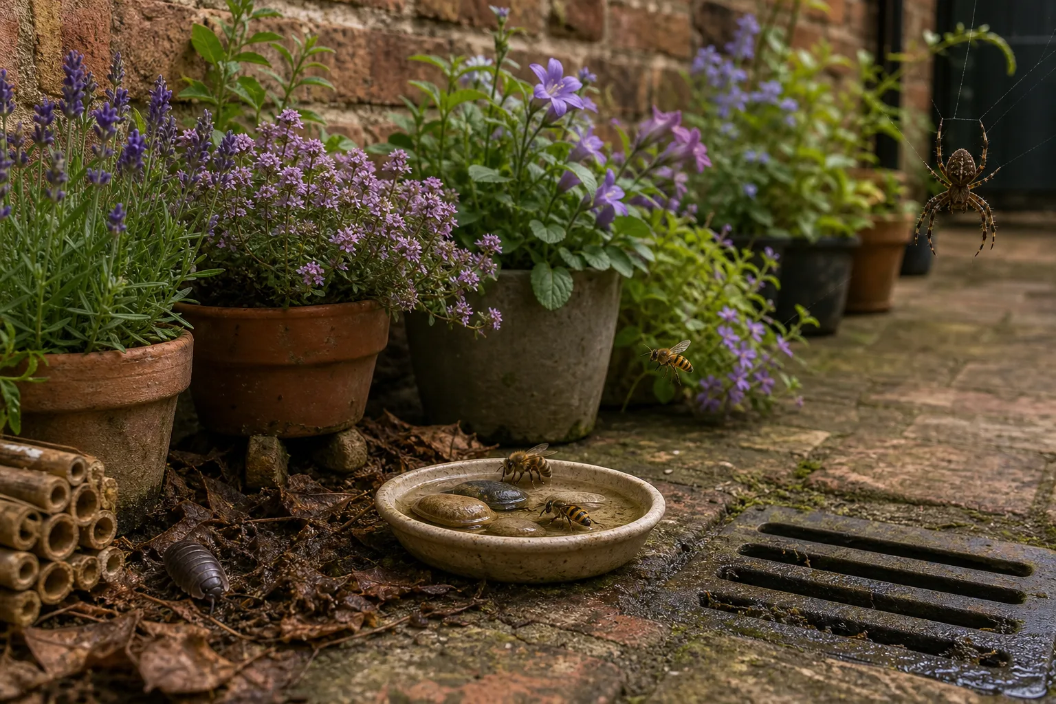 Several potted purple flowers along a brick wall with bees drinking from a shallow dish and a spider on its web nearby