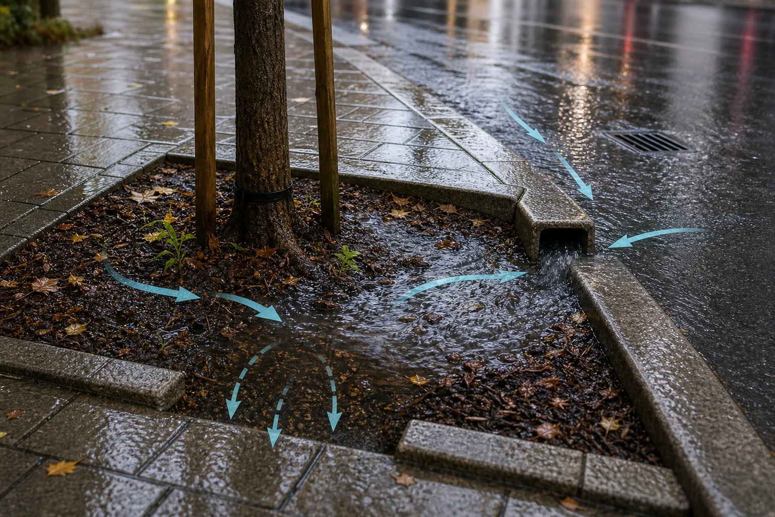 Tree surrounded by a wet tree pit with rainwater and blue arrows showing water flow on rainy pavement