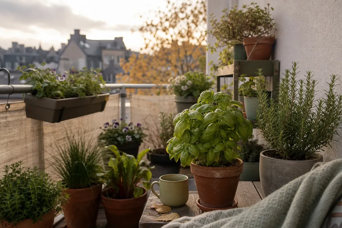 Potted herbs and flowers arranged on a balcony with soft evening light and autumn trees in the background