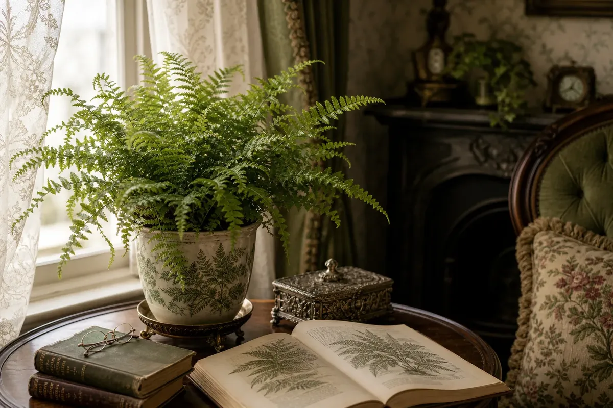 Green fern in decorative pot on wooden table near window with vintage books and ornate box