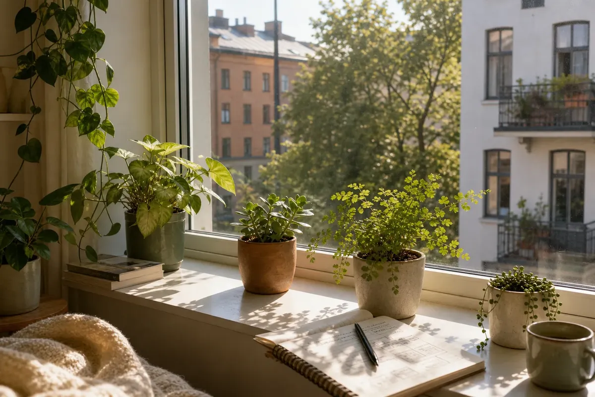 Green houseplants on a sunlit windowsill with a notebook, pen, and coffee cup