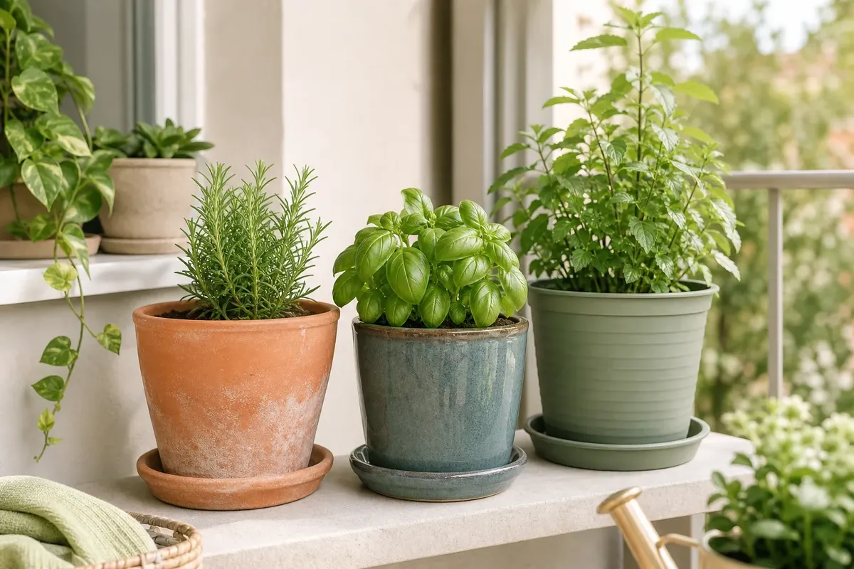 Three different potted green herbs sitting on a white shelf near a window with bright natural light
