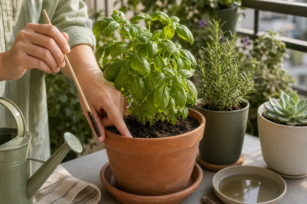 Person tending to potted herbs on a balcony with natural sunlight and gardening tools